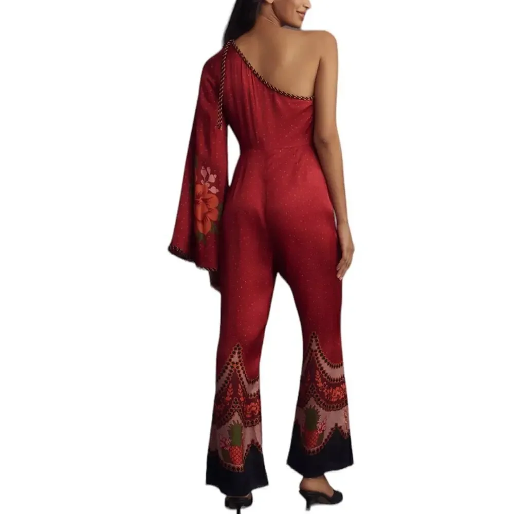 New Women’s Farm Rio x Anthropologie One Shoulder Satin Jumpsuit Size XL